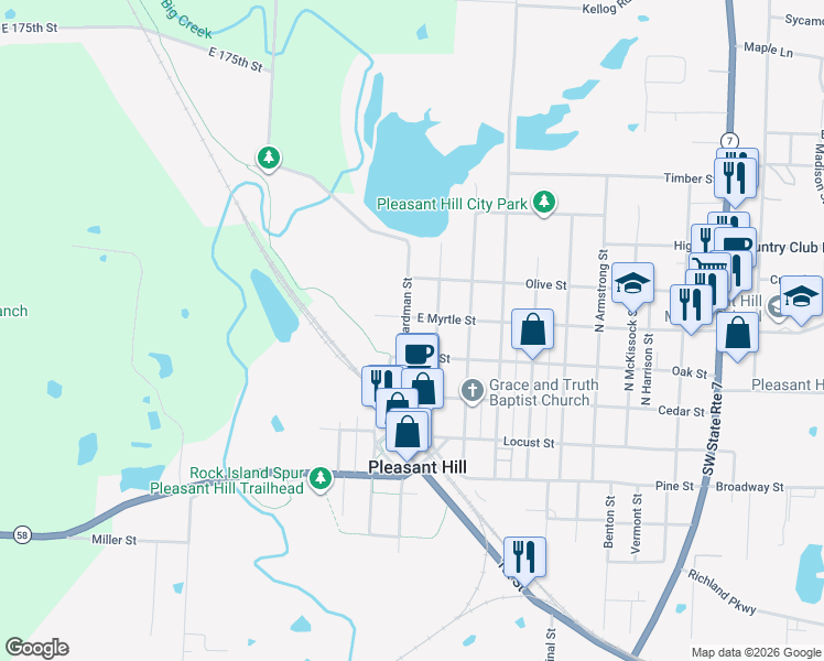 map of restaurants, bars, coffee shops, grocery stores, and more near 217 North Lake Street in Pleasant Hill
