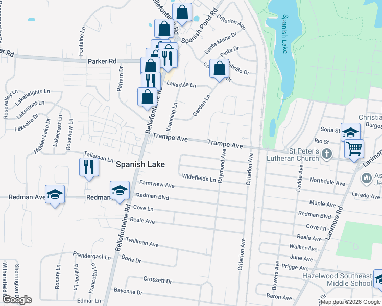 map of restaurants, bars, coffee shops, grocery stores, and more near 1461 Broadlawns Lane in St. Louis