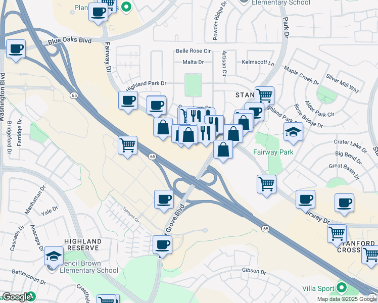 map of restaurants, bars, coffee shops, grocery stores, and more near 10349 Fairway Drive in Roseville
