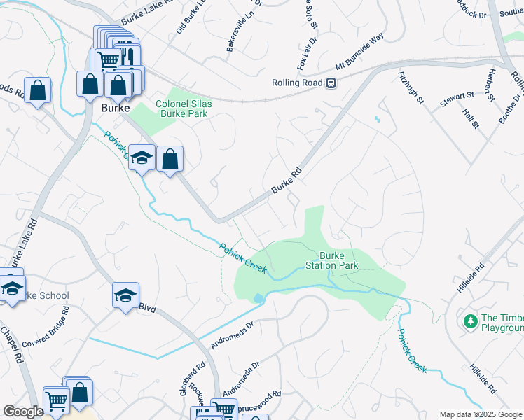 map of restaurants, bars, coffee shops, grocery stores, and more near 9213 Burke Road in Burke