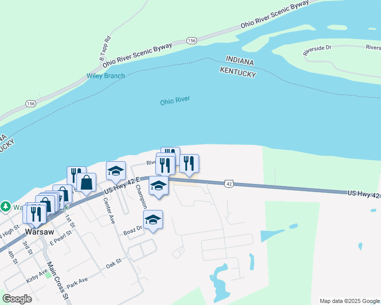 map of restaurants, bars, coffee shops, grocery stores, and more near 206 Riverview Drive in Warsaw