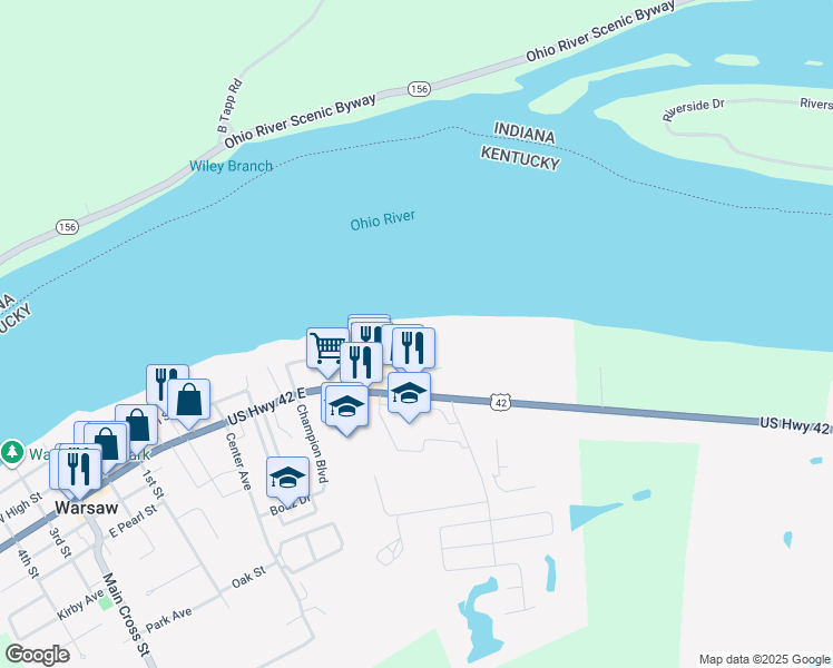 map of restaurants, bars, coffee shops, grocery stores, and more near 206 Riverview Drive in Warsaw
