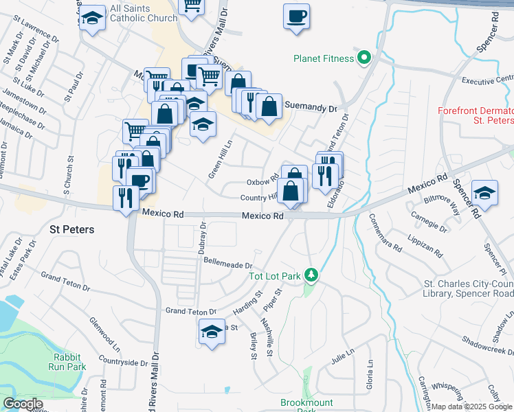 map of restaurants, bars, coffee shops, grocery stores, and more near 27 Cross Trail Lane in Saint Peters
