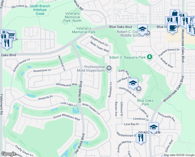 map of restaurants, bars, coffee shops, grocery stores, and more near 7059 Cope Ridge Way in Roseville
