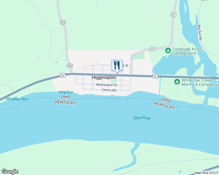 map of restaurants, bars, coffee shops, grocery stores, and more near 405 Washington Street in Higginsport