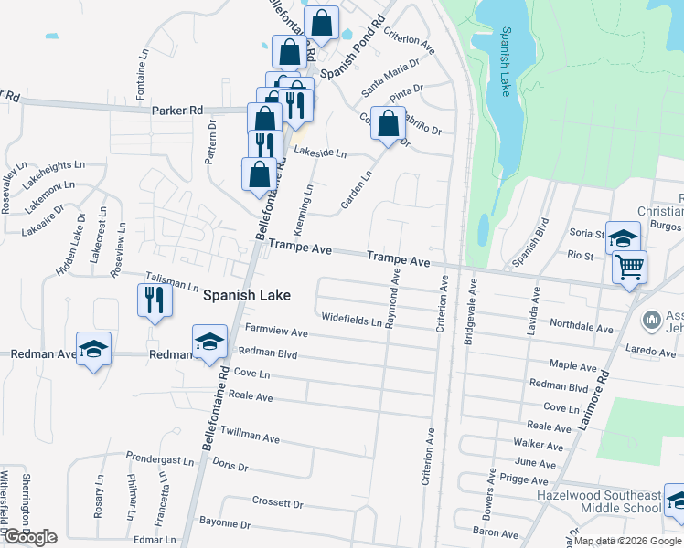 map of restaurants, bars, coffee shops, grocery stores, and more near 1459 Broadlawns Lane in St. Louis