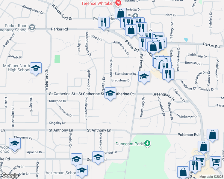 map of restaurants, bars, coffee shops, grocery stores, and more near 3455 Saint Catherine Street in Florissant