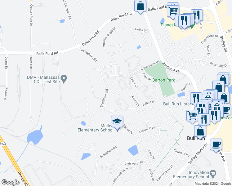 map of restaurants, bars, coffee shops, grocery stores, and more near 7751 Blackburn Ridge Drive in Manassas