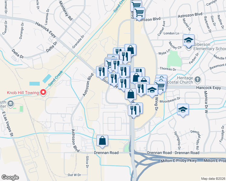 map of restaurants, bars, coffee shops, grocery stores, and more near 3012 South Academy Boulevard in Colorado Springs