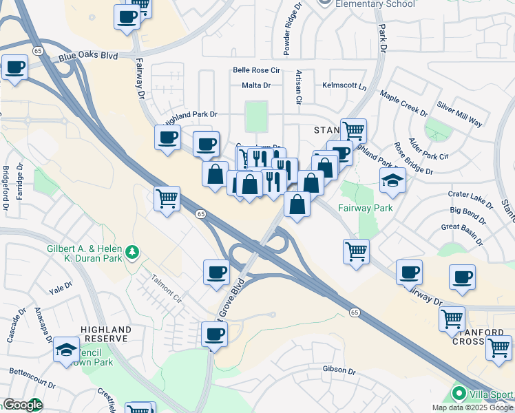 map of restaurants, bars, coffee shops, grocery stores, and more near 10349 Fairway Drive in Roseville