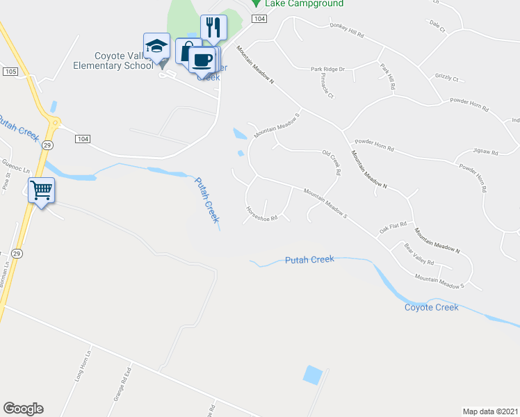 map of restaurants, bars, coffee shops, grocery stores, and more near 18735 Magnolia Court in Hidden Valley Lake