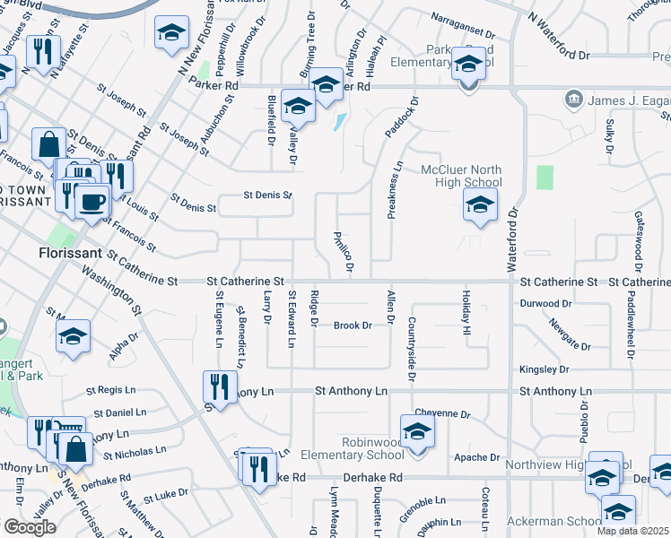 map of restaurants, bars, coffee shops, grocery stores, and more near 560 Jamaica Place in Florissant