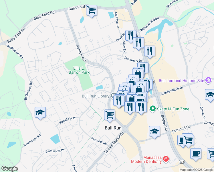 map of restaurants, bars, coffee shops, grocery stores, and more near 7640 Monitor Court in Manassas