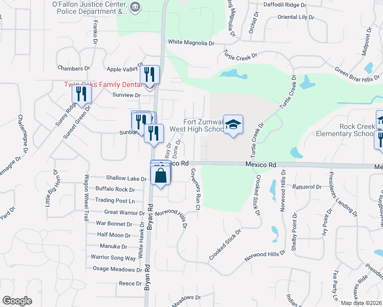 map of restaurants, bars, coffee shops, grocery stores, and more near 1-53 Painted Pony Drive in O'Fallon
