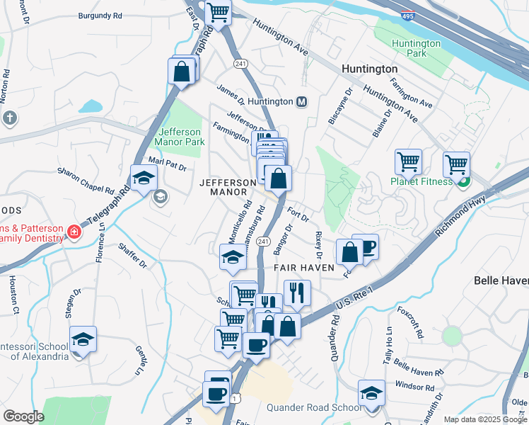 map of restaurants, bars, coffee shops, grocery stores, and more near 5927 Williamsburg Road in Alexandria