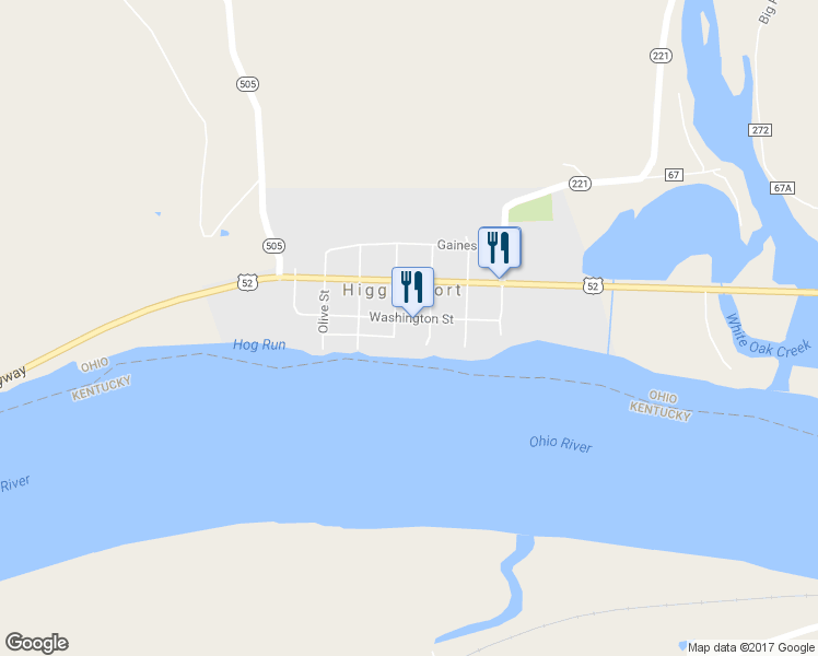 map of restaurants, bars, coffee shops, grocery stores, and more near 405 Washington St in Higginsport