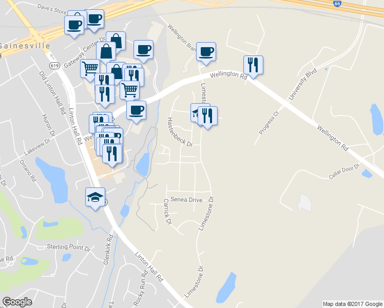 map of restaurants, bars, coffee shops, grocery stores, and more near 13560 Handel Place in Gainesville