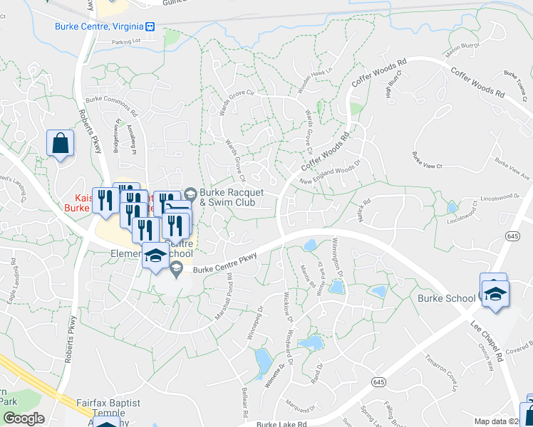 map of restaurants, bars, coffee shops, grocery stores, and more near 10039 Chestnut Wood Lane in Burke