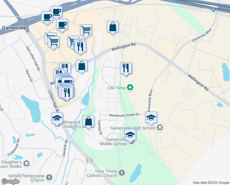 map of restaurants, bars, coffee shops, grocery stores, and more near 13560 Handel Place in Gainesville