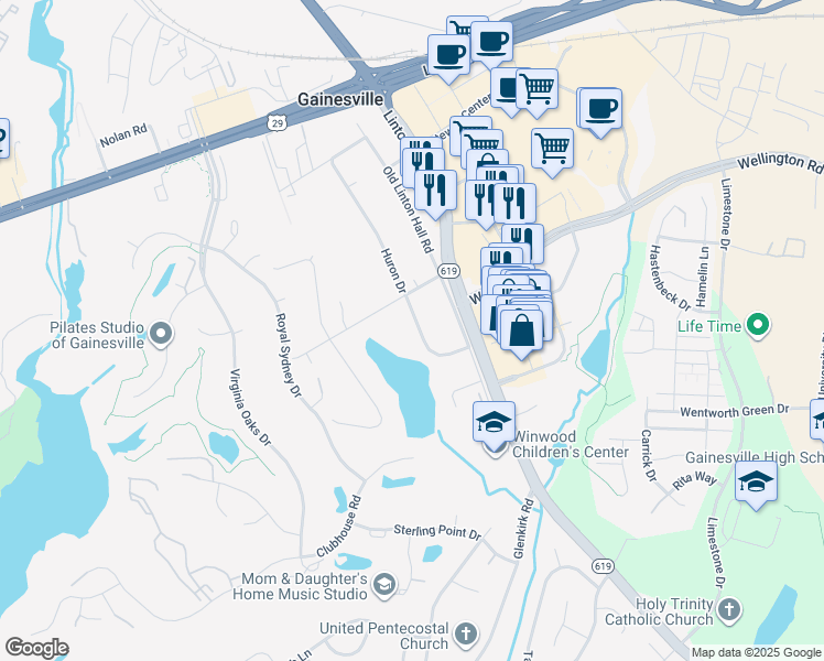 map of restaurants, bars, coffee shops, grocery stores, and more near 7708 Huron Drive in Gainesville