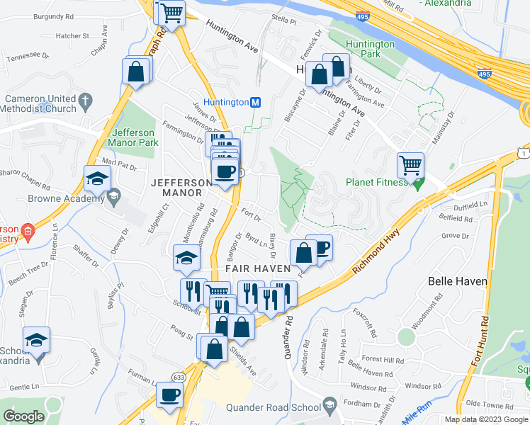 map of restaurants, bars, coffee shops, grocery stores, and more near 2431 Huntington Park Drive in Alexandria