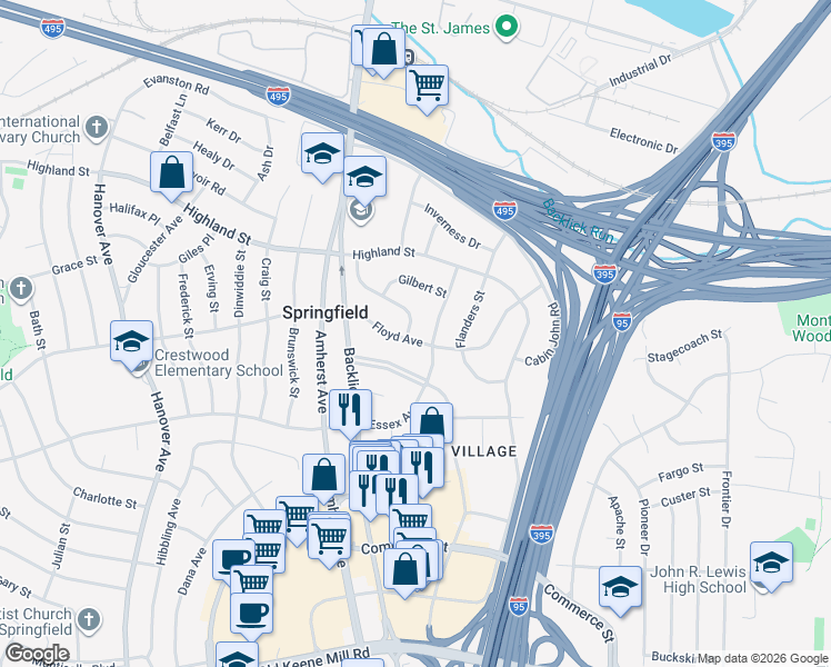 map of restaurants, bars, coffee shops, grocery stores, and more near 6904 Floyd Avenue in Springfield