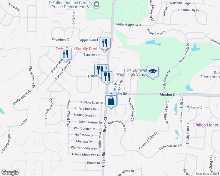 map of restaurants, bars, coffee shops, grocery stores, and more near 1228 Bryan Rd in O'Fallon