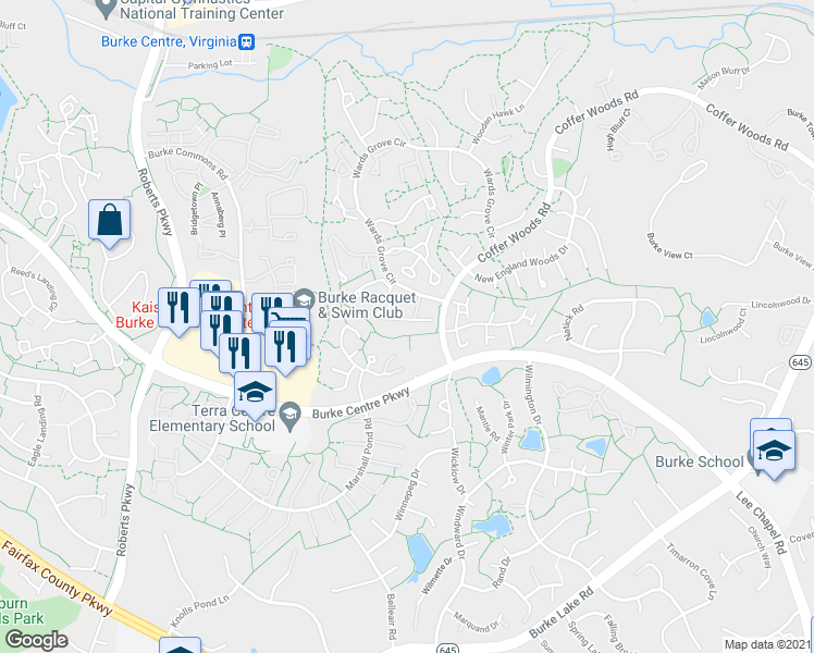 map of restaurants, bars, coffee shops, grocery stores, and more near 10053 Chestnut Wood Lane in Burke