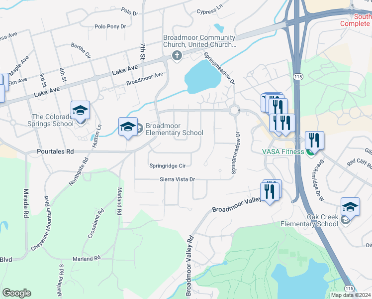 map of restaurants, bars, coffee shops, grocery stores, and more near 3204 Springridge Drive in Colorado Springs