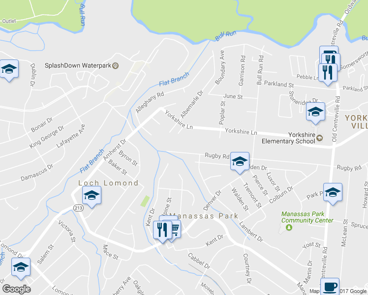 map of restaurants, bars, coffee shops, grocery stores, and more near 9016 Rugby Road in Manassas Park