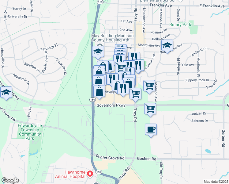 map of restaurants, bars, coffee shops, grocery stores, and more near Edwardsville Crossing Drive in Edwardsville