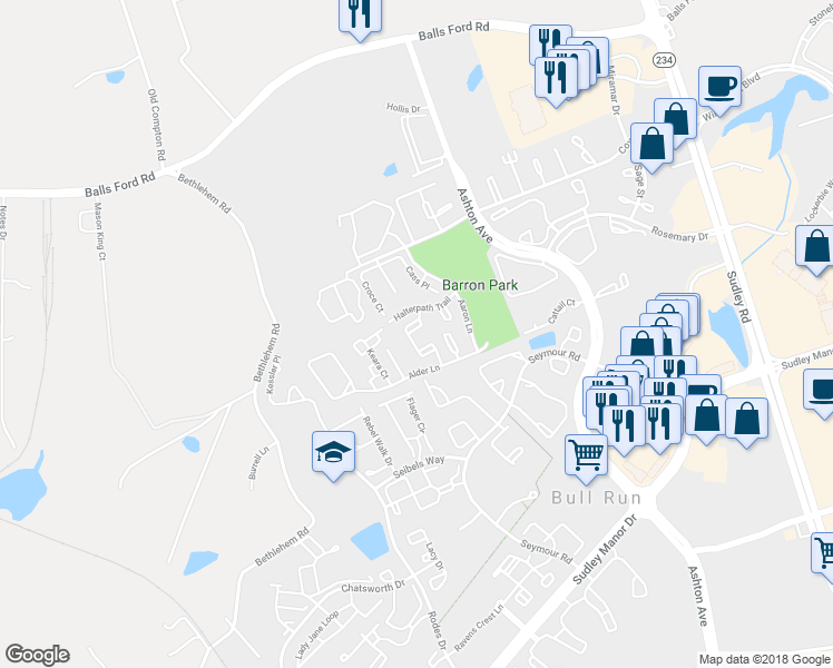 map of restaurants, bars, coffee shops, grocery stores, and more near 11117 Stagestone Way in Manassas