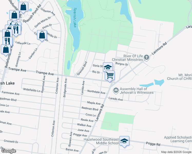 map of restaurants, bars, coffee shops, grocery stores, and more near 1131 Trampe Avenue in St. Louis