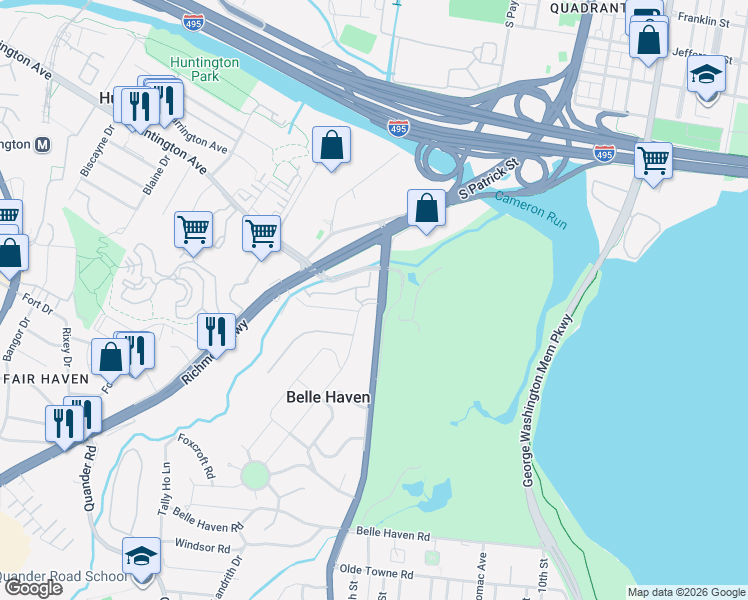 map of restaurants, bars, coffee shops, grocery stores, and more near 5900 Woodmont Road in Alexandria