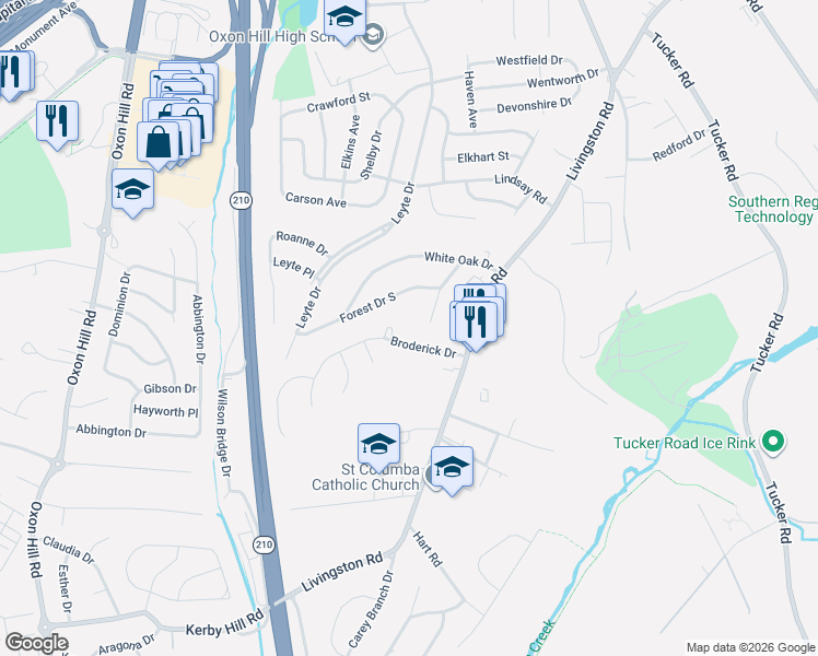 map of restaurants, bars, coffee shops, grocery stores, and more near 1016 Broderick Drive in Oxon Hill