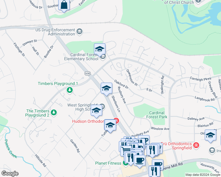 map of restaurants, bars, coffee shops, grocery stores, and more near 6019 Sherborn Lane in West Springfield