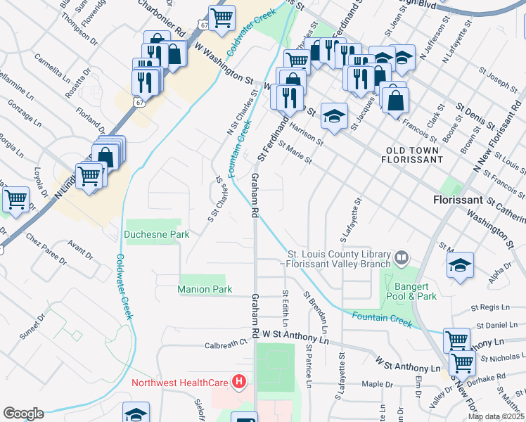 map of restaurants, bars, coffee shops, grocery stores, and more near 250 Graham Road in Florissant