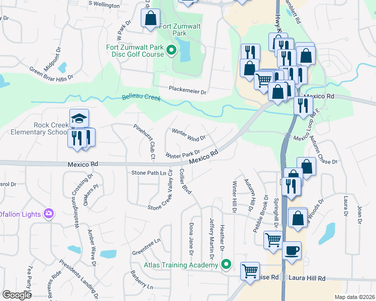 map of restaurants, bars, coffee shops, grocery stores, and more near 429 Winter Park Drive in O'Fallon