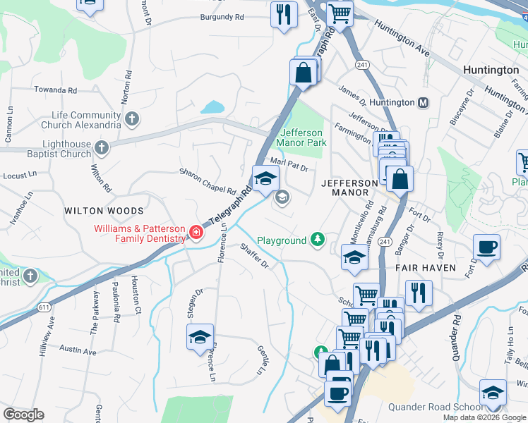 map of restaurants, bars, coffee shops, grocery stores, and more near 3114 Madison Hill Court in Alexandria