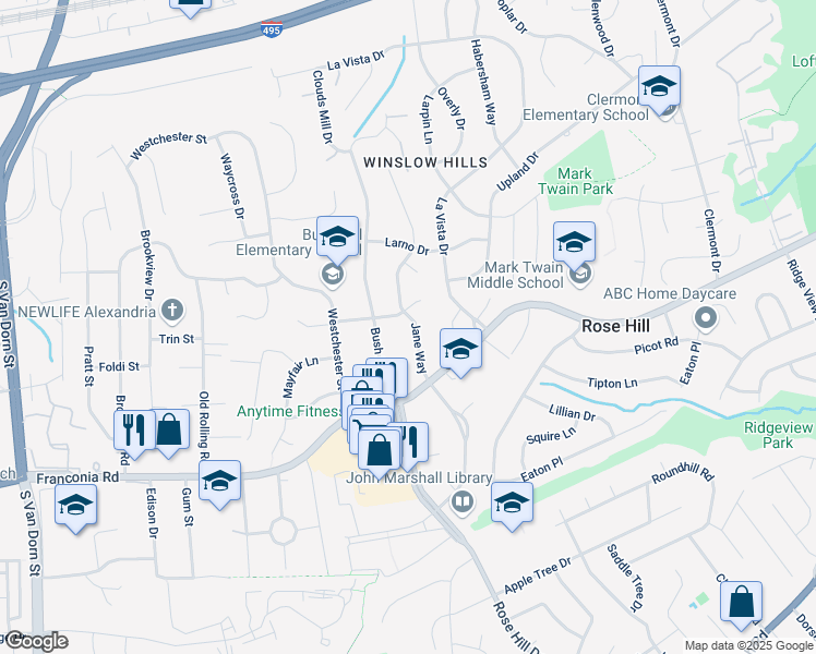 map of restaurants, bars, coffee shops, grocery stores, and more near 5918 Jane Way in Alexandria