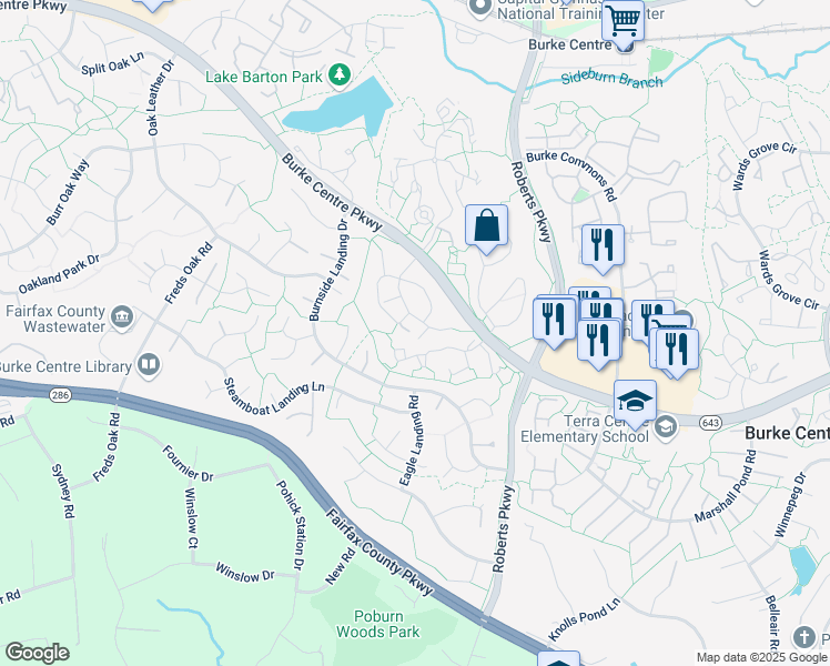 map of restaurants, bars, coffee shops, grocery stores, and more near 5982 Powell's Landing Road in Burke