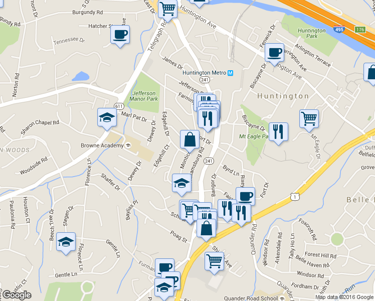 map of restaurants, bars, coffee shops, grocery stores, and more near 5926 Monticello Road in Alexandria