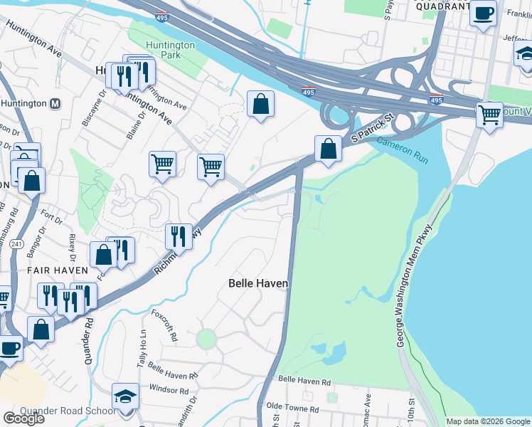 map of restaurants, bars, coffee shops, grocery stores, and more near 1823 Duffield Lane in Alexandria