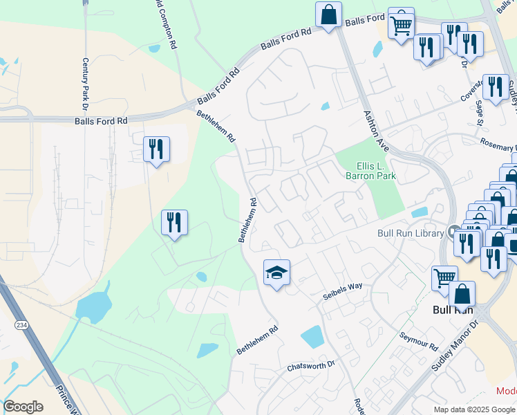 map of restaurants, bars, coffee shops, grocery stores, and more near 7752 Blackburn Ridge Drive in Manassas