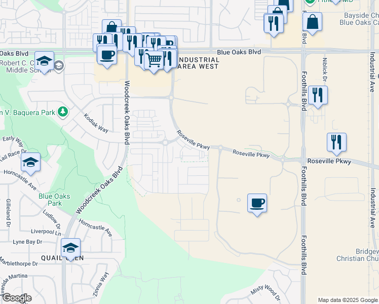 map of restaurants, bars, coffee shops, grocery stores, and more near Woodcreek Oaks Boulevard in Roseville