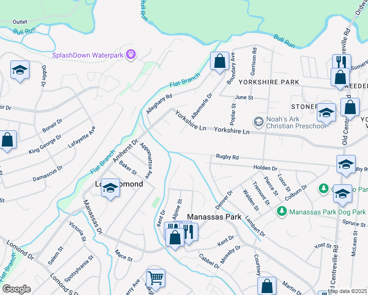 map of restaurants, bars, coffee shops, grocery stores, and more near 9022 Rugby Road in Manassas Park