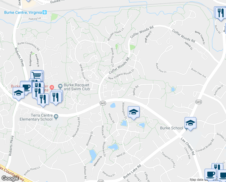 map of restaurants, bars, coffee shops, grocery stores, and more near 9952 Hemlock Woods Lane in Burke