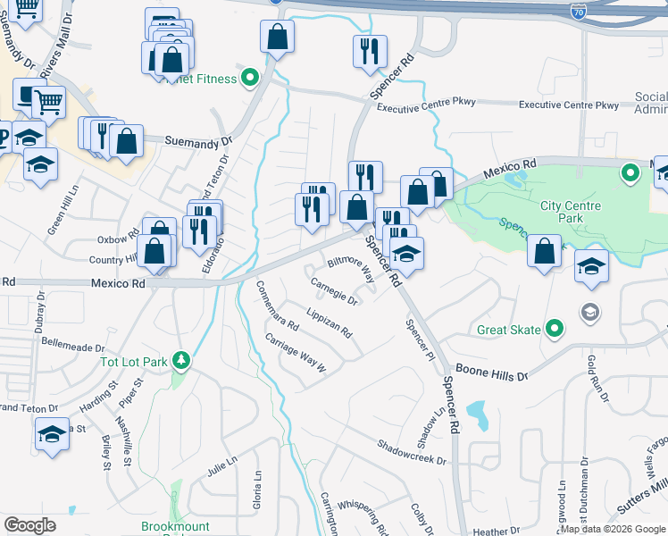 map of restaurants, bars, coffee shops, grocery stores, and more near 1702 Carnegie Drive in St. Peters
