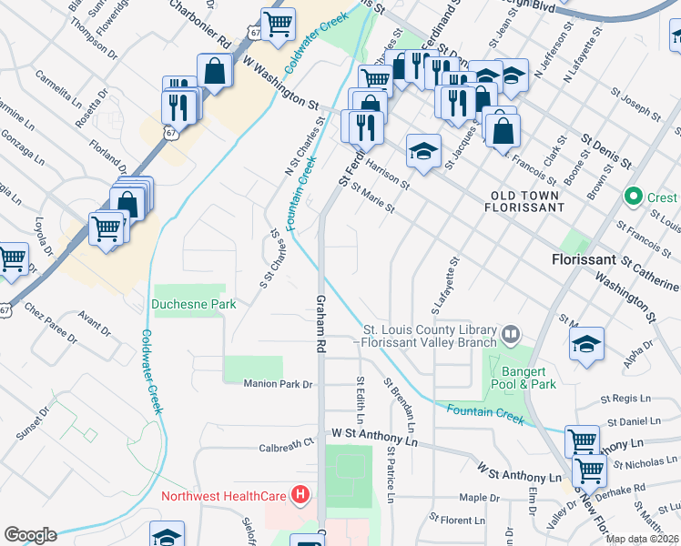 map of restaurants, bars, coffee shops, grocery stores, and more near 250 Graham Road in Florissant