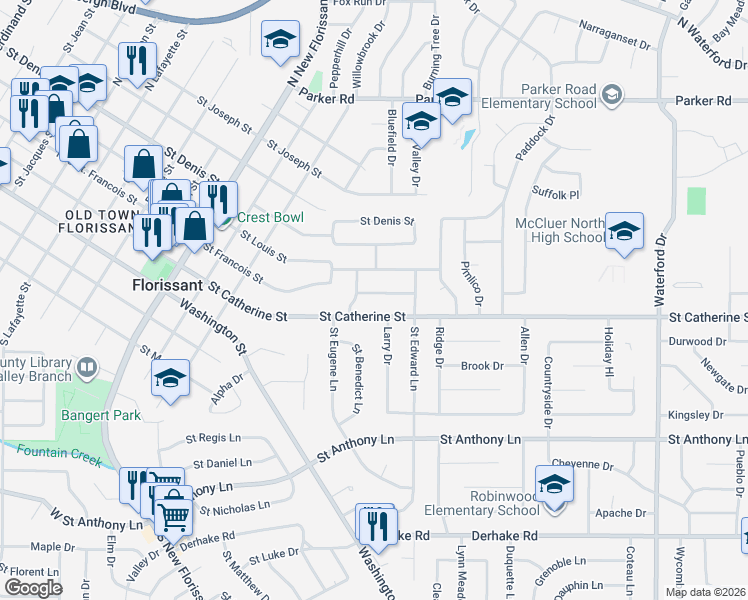 map of restaurants, bars, coffee shops, grocery stores, and more near 2025 Saint Catherine Street in Florissant
